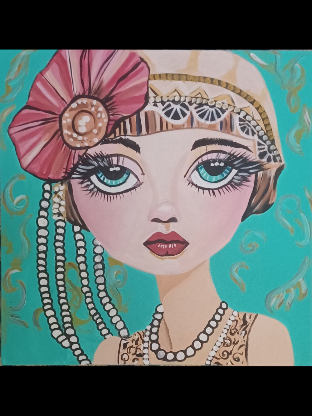 Turquoise Portrait Painting of Stylized Flapper Girl